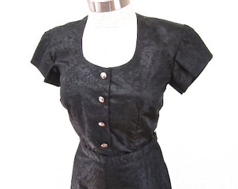 M 40s 50s Black Moire Satin Party Dress Button Front 2pc Skirt Shirt Cocktail Evening Wear Medium