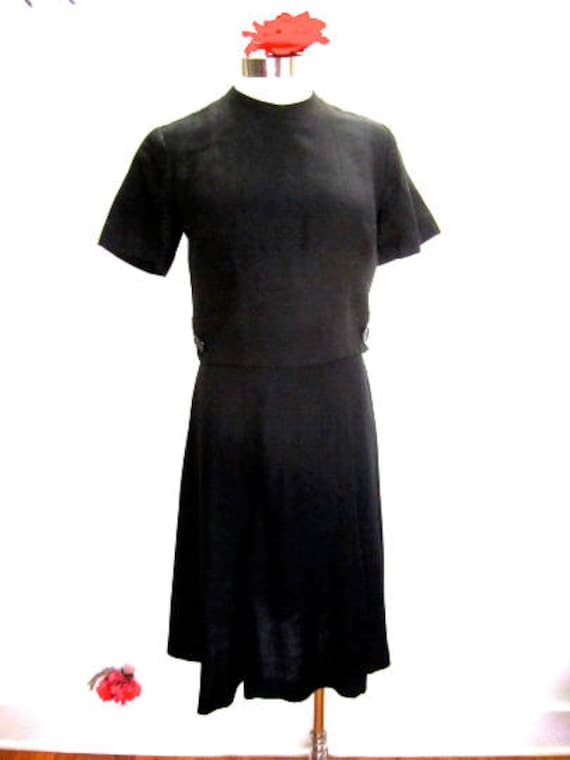 M 50s 60s Black Dress Linen Mid Century Modern Au… - image 1