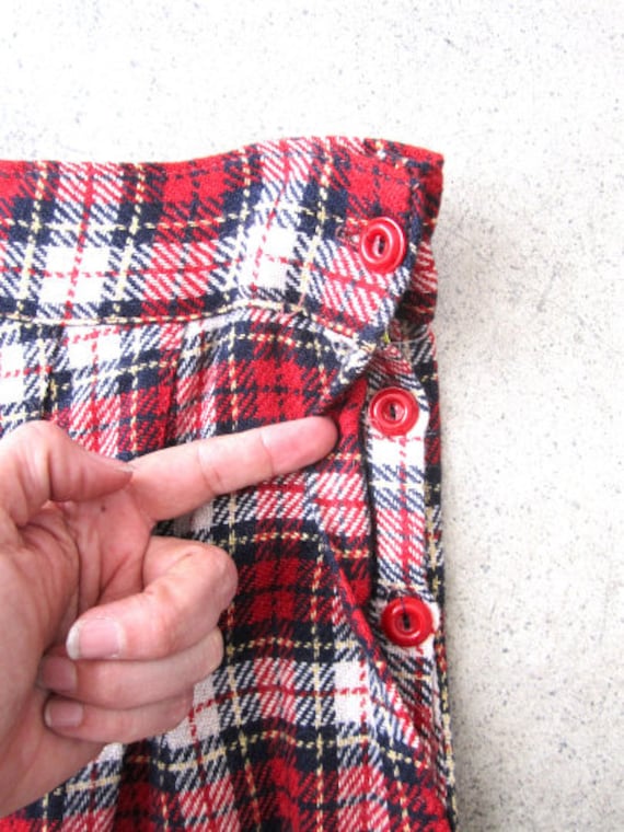 M 40s Skirt Wool Plaid Button Side Red White Blue… - image 2