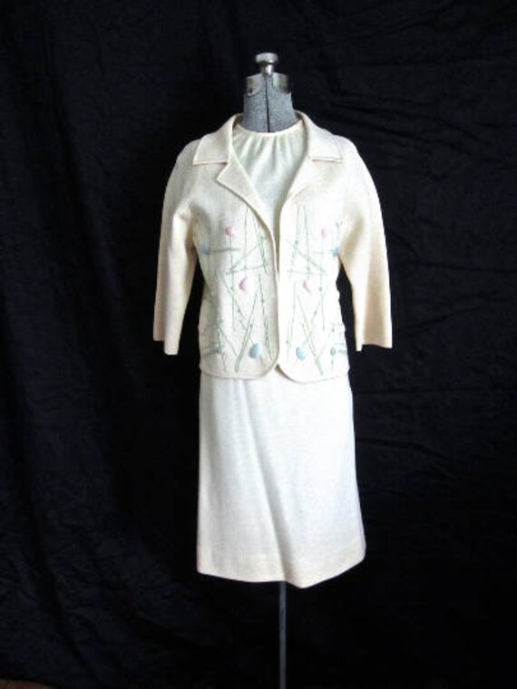 S M 60s 3pc Suit Dress Italian Wool Knit Sweater J