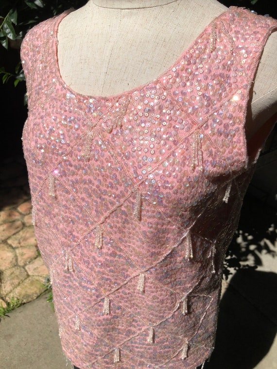 L 50s 60s Pink Beaded and Sequined Top Made in Ho… - image 3