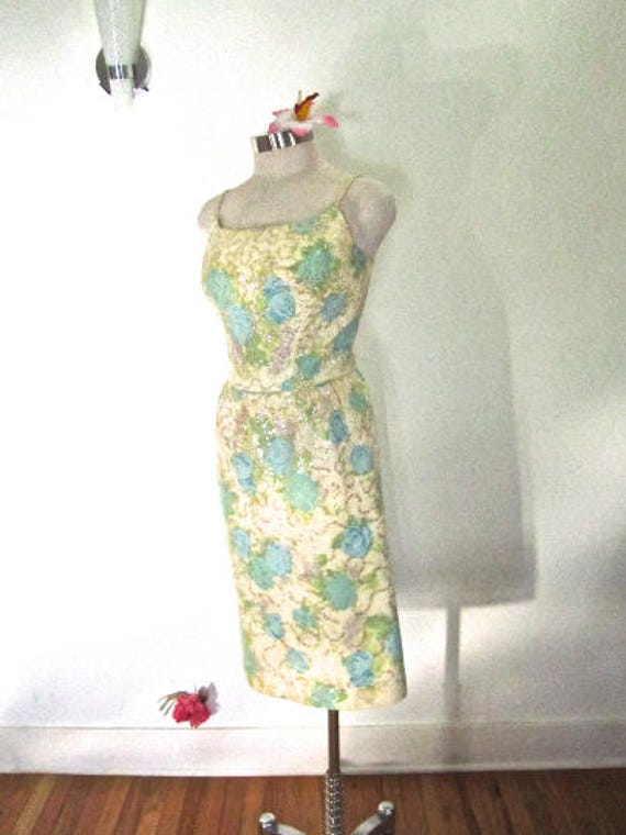 S 50s 60s Sequin Floral Dress Wiggle Sheath Cockt… - image 3