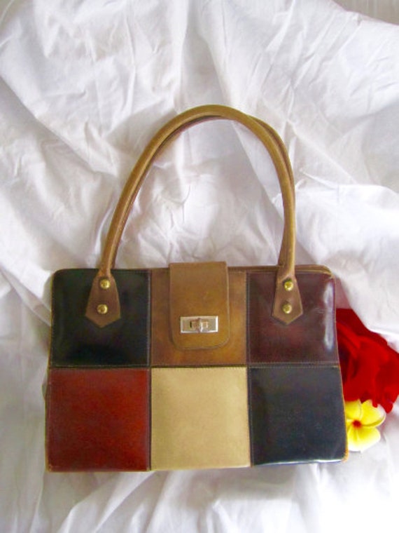 60s Purse Leather Handbag Patchwork Style Mod & C… - image 2