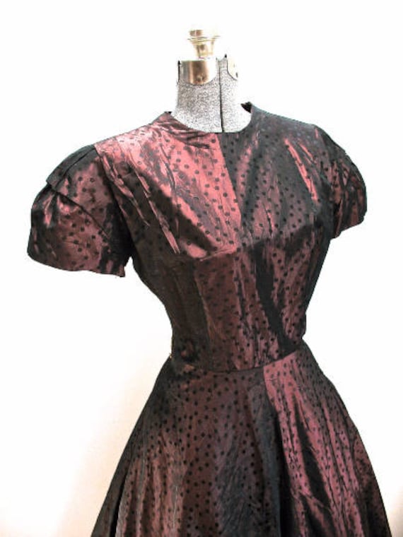 M 40s 50s Bronze Party Dress Satin Jacquard Polka… - image 1