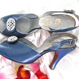50s Fancy Blue Heels Sandals Peep Toe Valley Shoes Pumps Rockabilly Size 7 - 7.5 Small