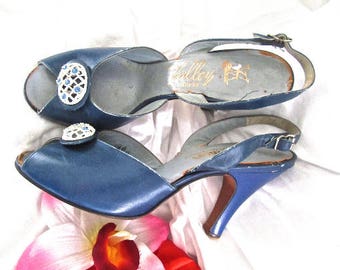 50s Fancy Blue Heels Sandals Peep Toe Valley Shoes Pumps Rockabilly Size 7 - 7.5 Small