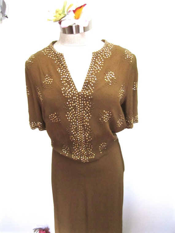 M 1940s Olive Green Beaded Gown by New York Creati