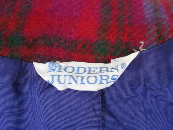M L 50s 60s Wool Plaid Cropped Jacket Red Blue Gr… - image 5