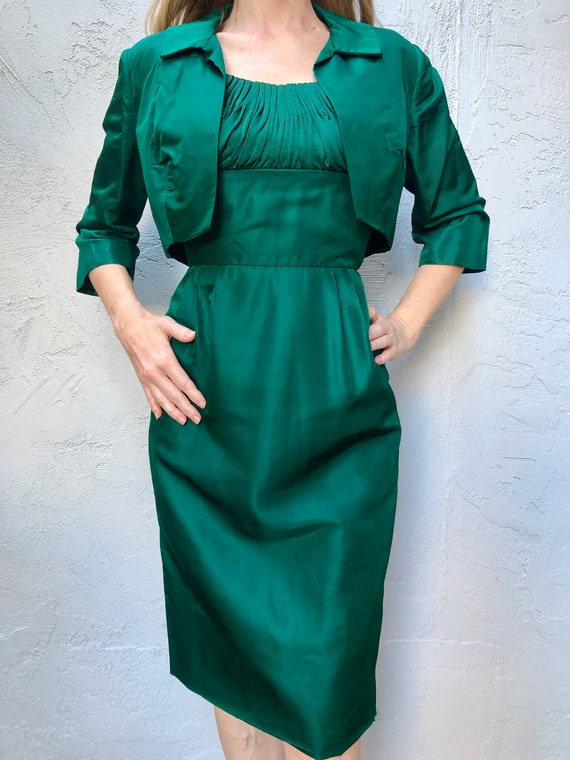 SM Med 50's Vintage Silk Satin Emerald Green 2 Pc