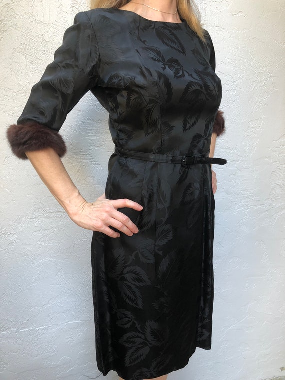 Med 50s Dark Brown Satin Dress Fur Trim Wiggle 195