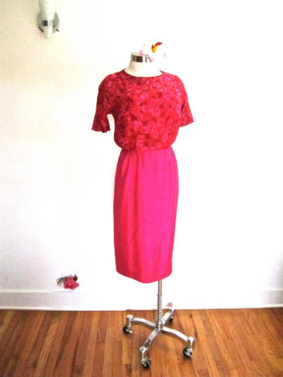 M L 60s Hot Pink MCM Wiggle Sheath Dress Silk Sha… - image 4