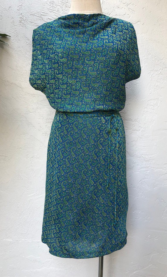 M 50s Lurex Blue Green Paisley Dress by Carl Nafta