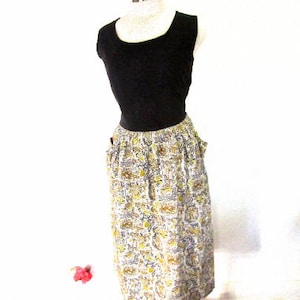 L 40s 50s Day Dress Cotton Deco Atomic Print Floral Novelty Print Gold Grey Yellow Black House Large