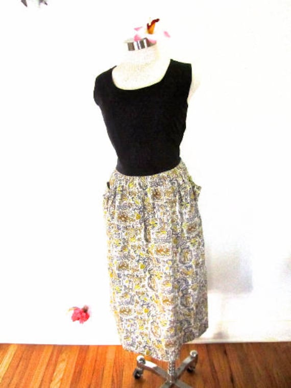 L 40s 50s Day Dress Cotton Deco Atomic Print Flora