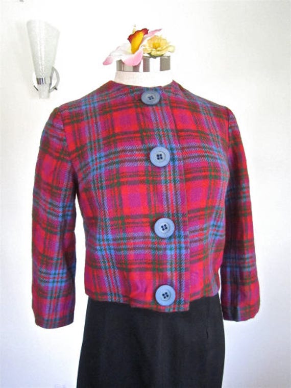M L 50s 60s Wool Plaid Cropped Jacket Red Blue Gr… - image 2