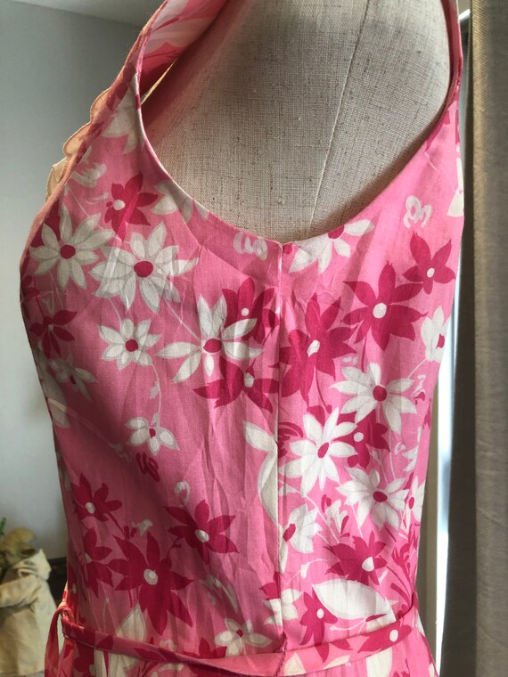 M L 60s Belted Pink White Boho Dress floral print… - image 3