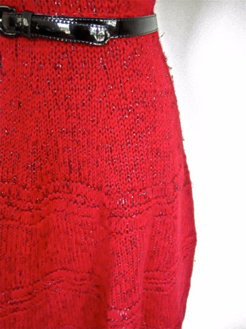 S M 40s 50s Knit Red Metallic Lurex Sparkle Sweater Dress Wool Swing War Era Small Medium 画像 4