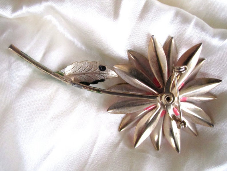 60s Pin Flower Brooch Bright Color Pink Green Stem Leaves MOD