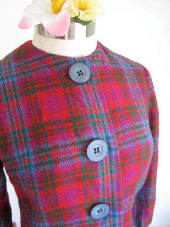 M L 50s 60s Wool Plaid Cropped Jacket Red Blue Gr… - image 3