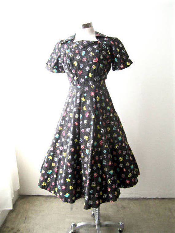 M 40s 50s Dress Novelty Print Cotton Black Pink P… - image 1