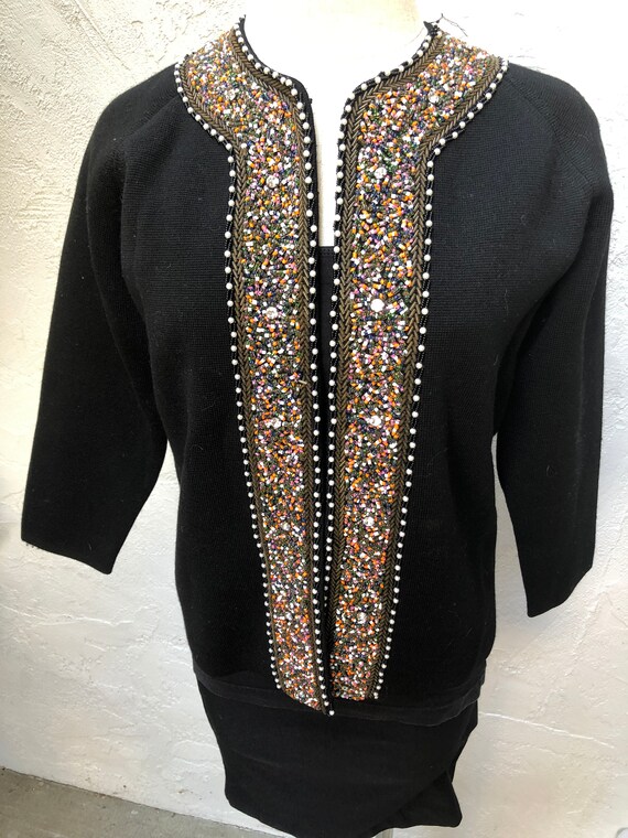 Med 50's Beaded Wool Knit Cardigan Jacket - image 4