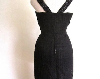 M 50s Beaded Ribbon Dress Jet Dangle Beads LBD Wiggle Sheath Sexy Cocktail Pinup TLC Medium