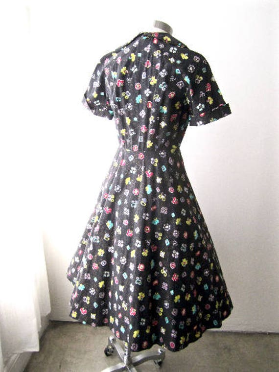 M 40s 50s Dress Novelty Print Cotton Black Pink P… - image 3