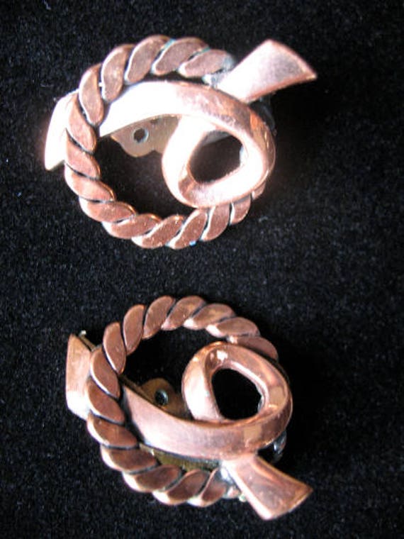 40s Set Copper Colored Brooch Earrings, Renoir St… - image 3