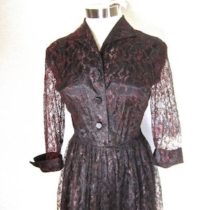 M 40s 50s Party Dress Lace Cocktail Satin Pleated Shirt Sheer Sleeves Shirtwaist Button Down Front Side Zipper Black Red Medium