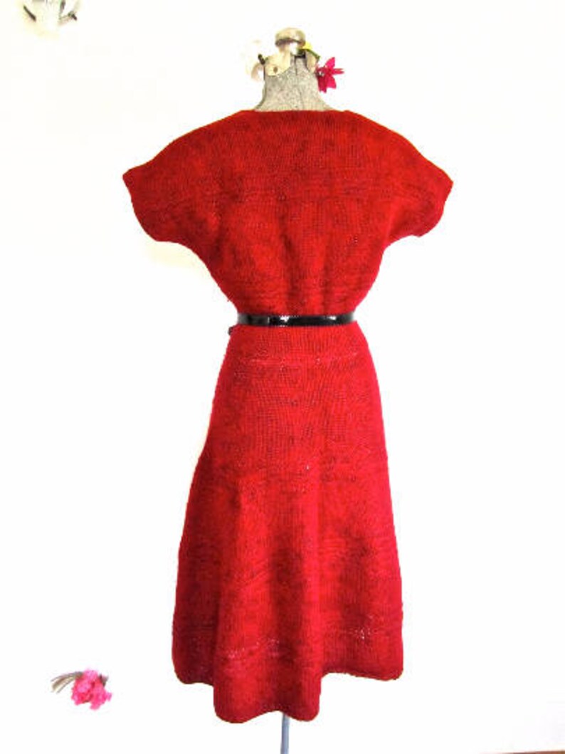 S M 40s 50s Knit Red Metallic Lurex Sparkle Sweater Dress Wool Swing War Era Small Medium 画像 5