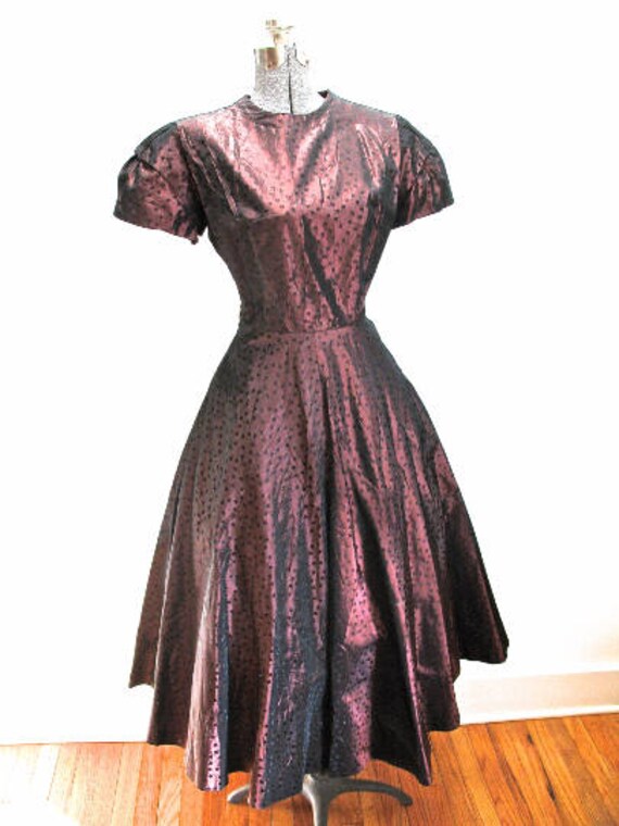 M 40s 50s Bronze Party Dress Satin Jacquard Polka… - image 4