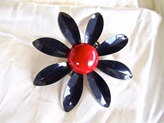 60s Pin Flower Brooch Navy Blue Enamel Red Dot Cen