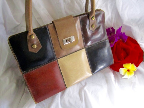 60s Purse Leather Handbag Patchwork Style Mod & C… - image 1