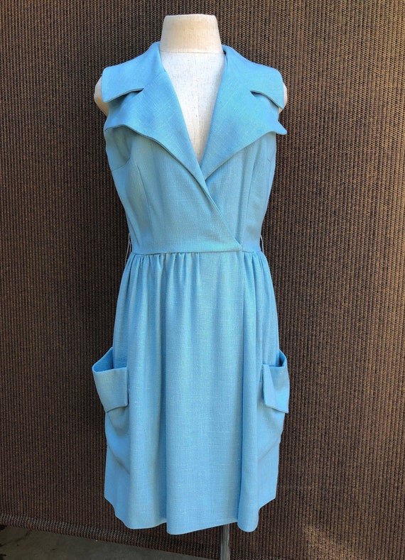 Med 60s Blue Linen Joseph Magnin Dress with Pocket