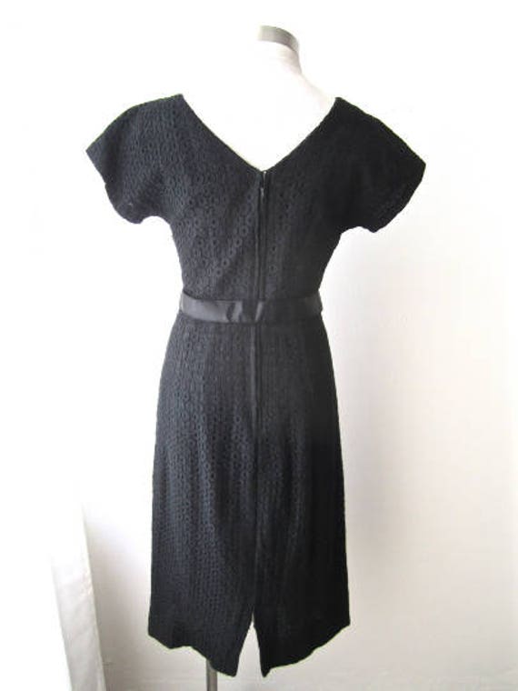 M 50s 60s Black Lace Dress Bow Belt Office Day Co… - image 5