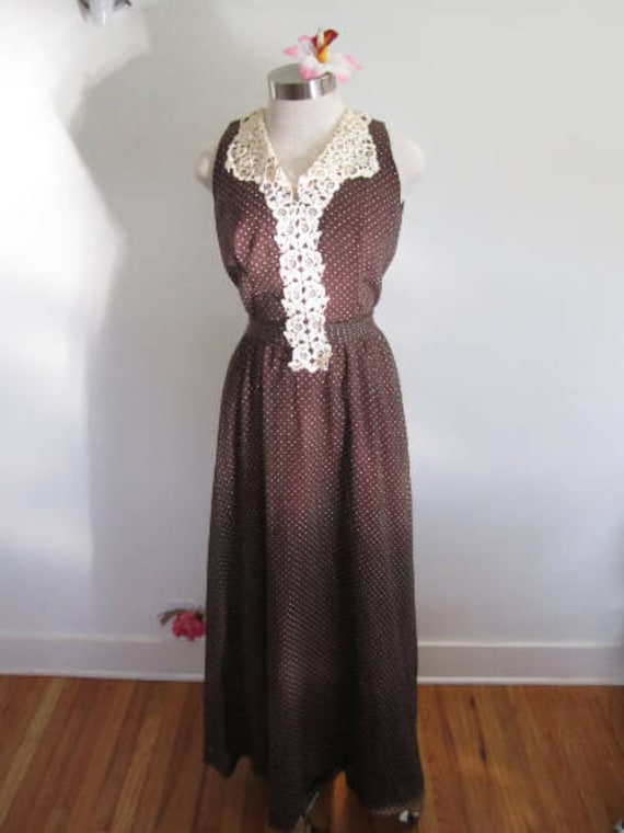 knee length dresses for ladies On The Sky Lace Polka Dot Maxi Dress Brown