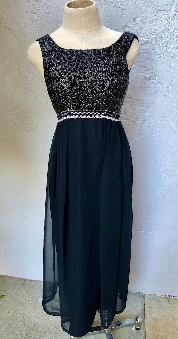 S 50s Black Sequined Evening Gown Small