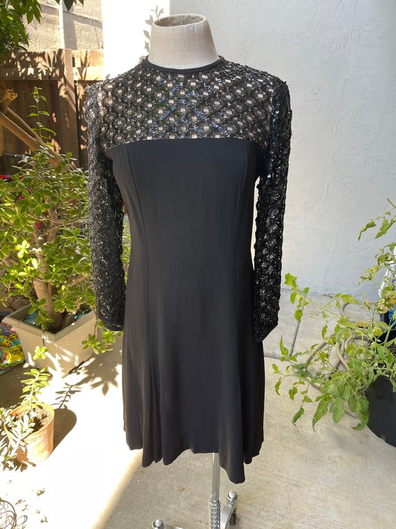 Med 60s Black Crepe Sequined Cocktail Dress Vintag