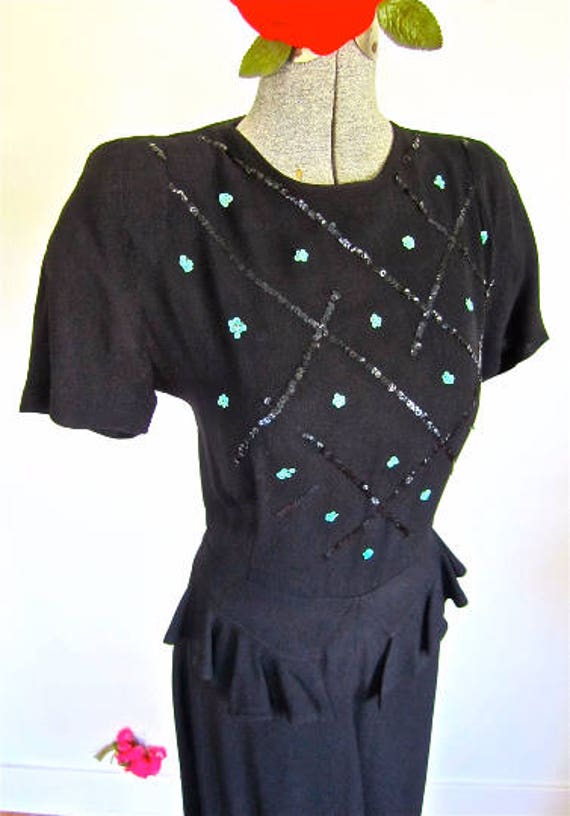 M 40s 30s Rayon Dress in Black Crepe Black & Mint