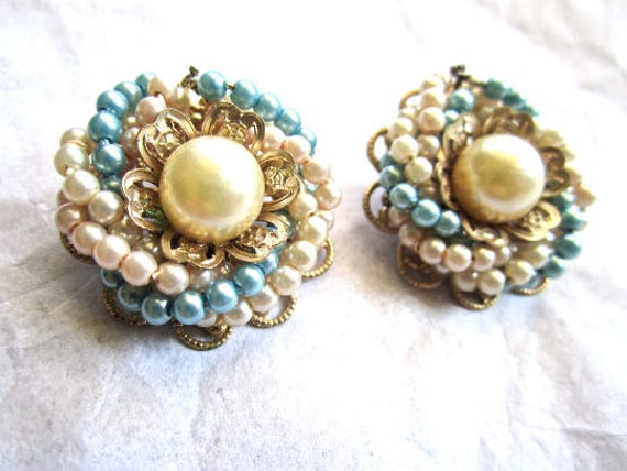 Light Pale Blue Pearl Bead Earrings Cream White G… - image 1