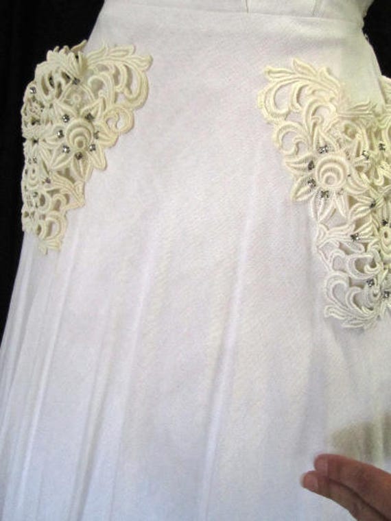 S 40s 50s White Dress Cotton Linen Lace Rhineston… - image 3