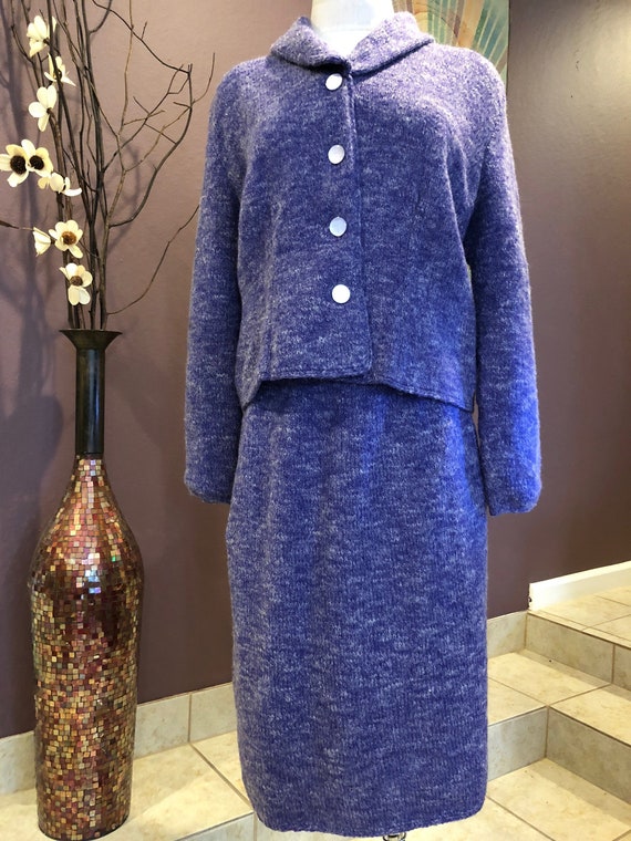 M 50s Hand Knit Purple Suit Skirt Set Lined