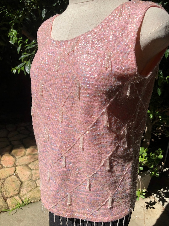 L 50s 60s Pink Beaded and Sequined Top Made in Ho… - image 2