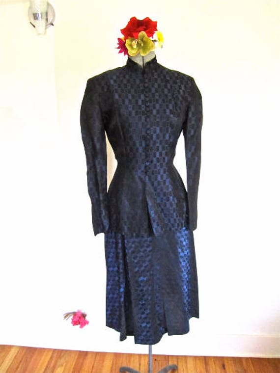 XXS 40s 2pc Royal Blue Jacquard Pattern Suit Dres… - image 3