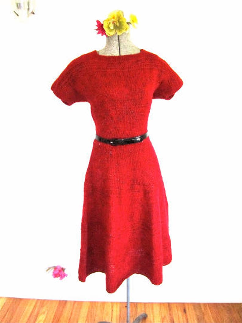 S M 40s 50s Knit Red Metallic Lurex Sparkle Sweater Dress Wool Swing War Era Small Medium 画像 1