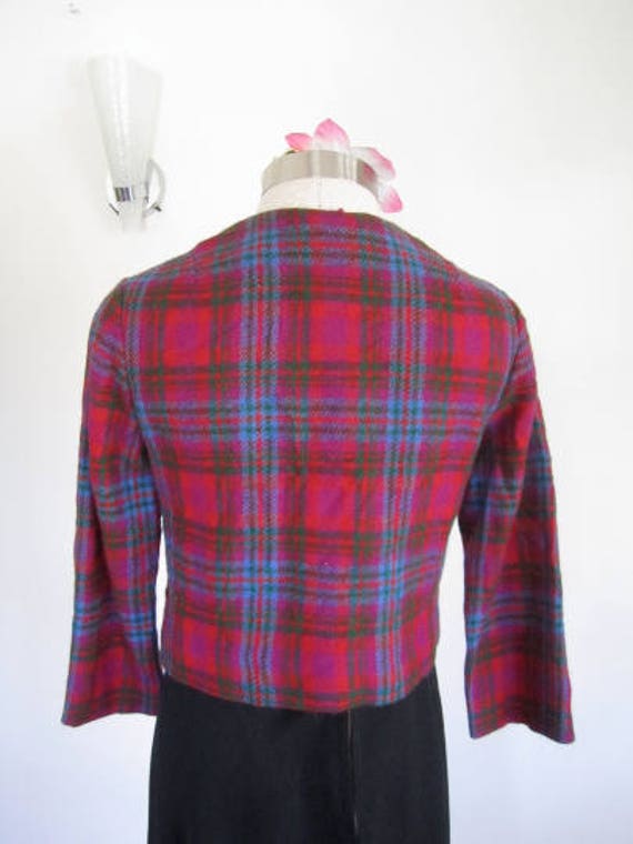 M L 50s 60s Wool Plaid Cropped Jacket Red Blue Gr… - image 4