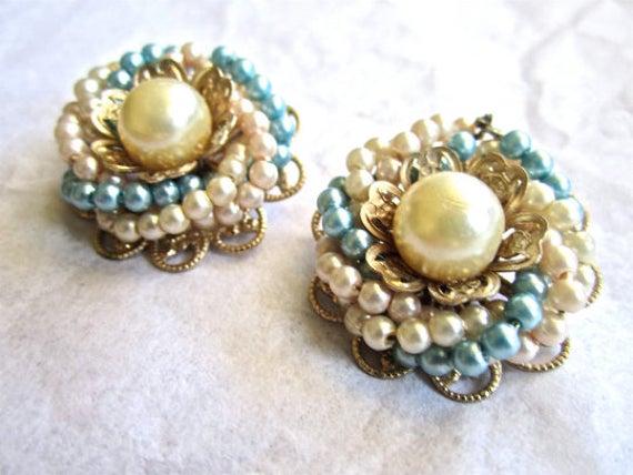 Light Pale Blue Pearl Bead Earrings Cream White G… - image 2