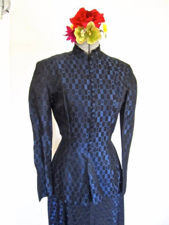 XXS 40s 2pc Royal Blue Jacquard Pattern Suit Dres… - image 1