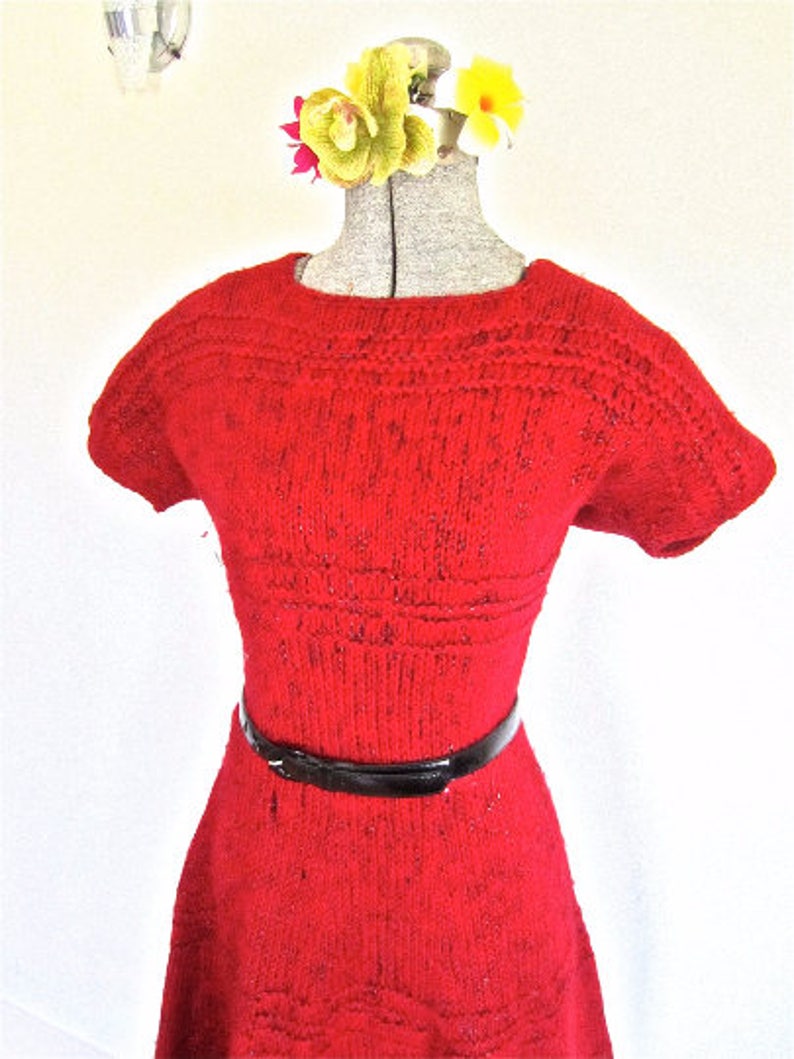 S M 40s 50s Knit Red Metallic Lurex Sparkle Sweater Dress Wool Swing War Era Small Medium 画像 2