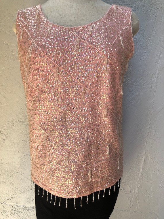 L 50s 60s Pink Beaded and Sequined Top Made in Ho… - image 1